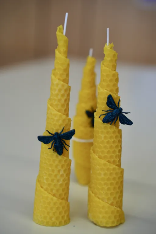 Drei fertige Bienenwachs-Kerzen